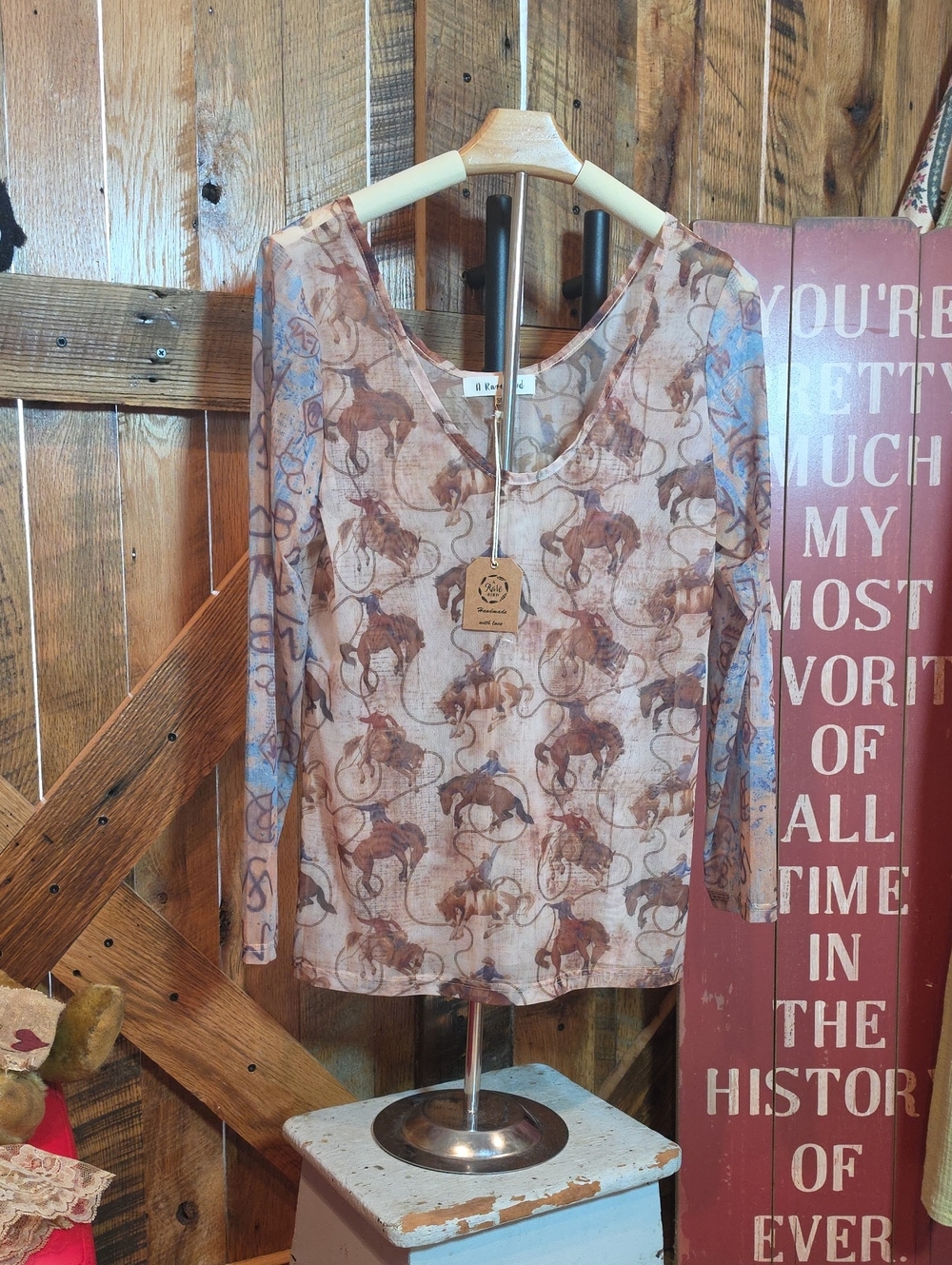 161p A Rare Bird Horses-Print Long Sleeve Mesh Top